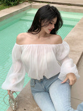 DAZY Women's Solid Color Off-Shoulder Lantern Sleeve Elegant Summer Vacation Blouse